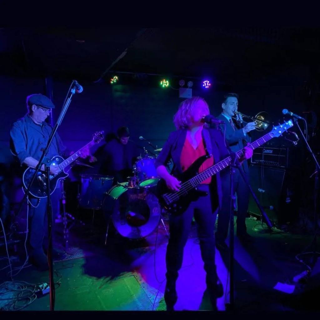 Elegant Everyone performing under blue and purple lights.